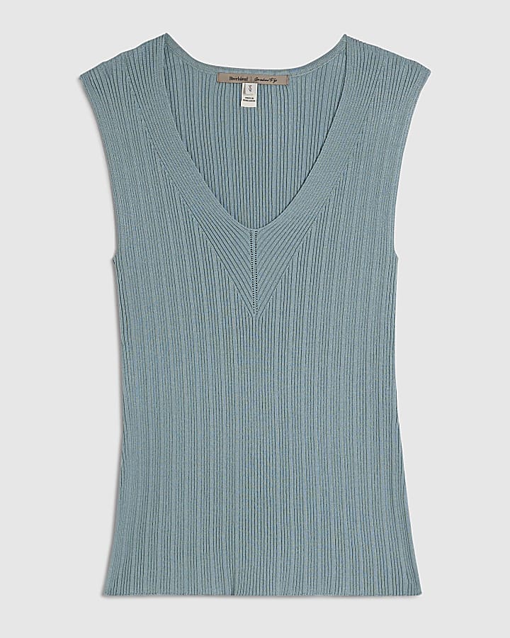 Blue V Neck Rib Knit Top
