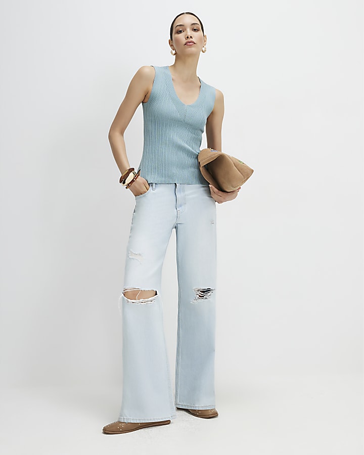 Blue V Neck Rib Knit Top