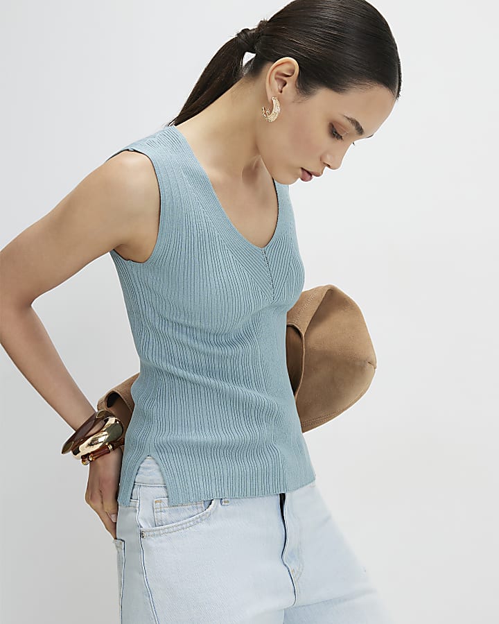Blue V Neck Rib Knit Top