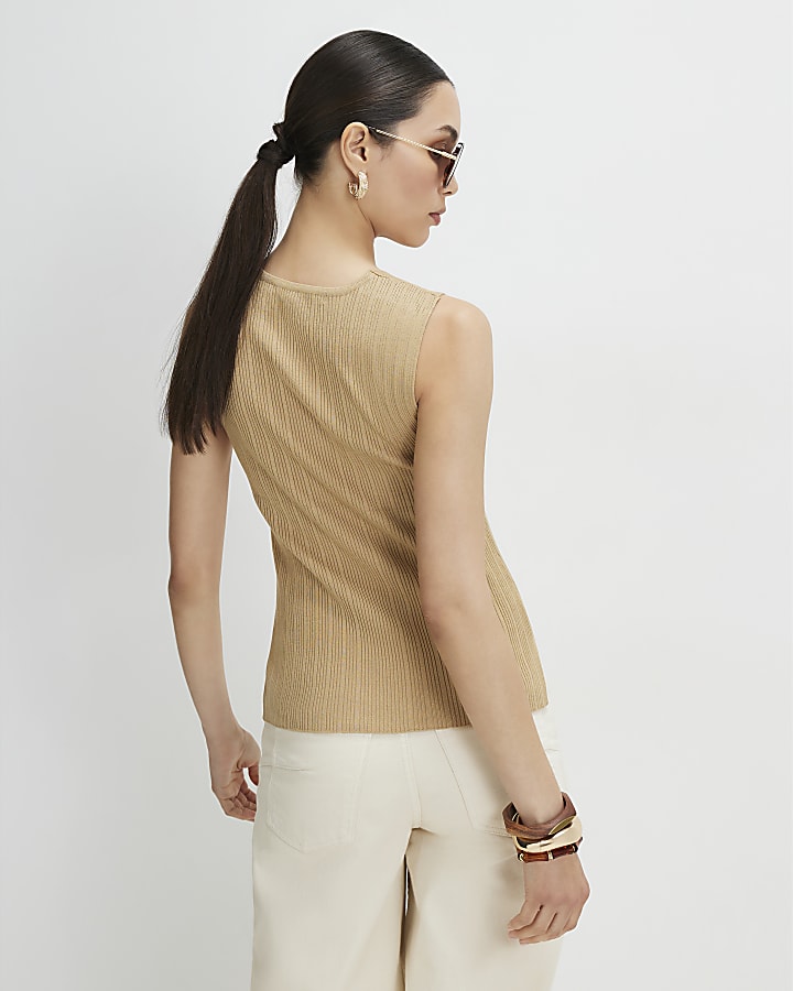 Beige V Neck Rib Knit Top