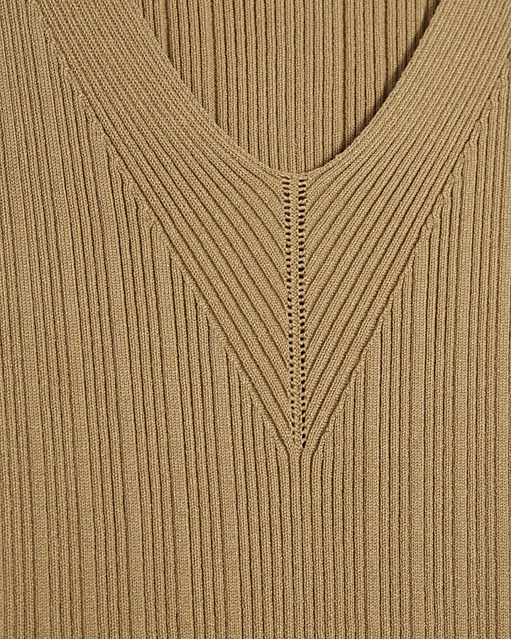 Beige V Neck Rib Knit Top