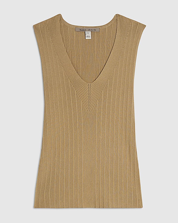 Beige V Neck Rib Knit Top