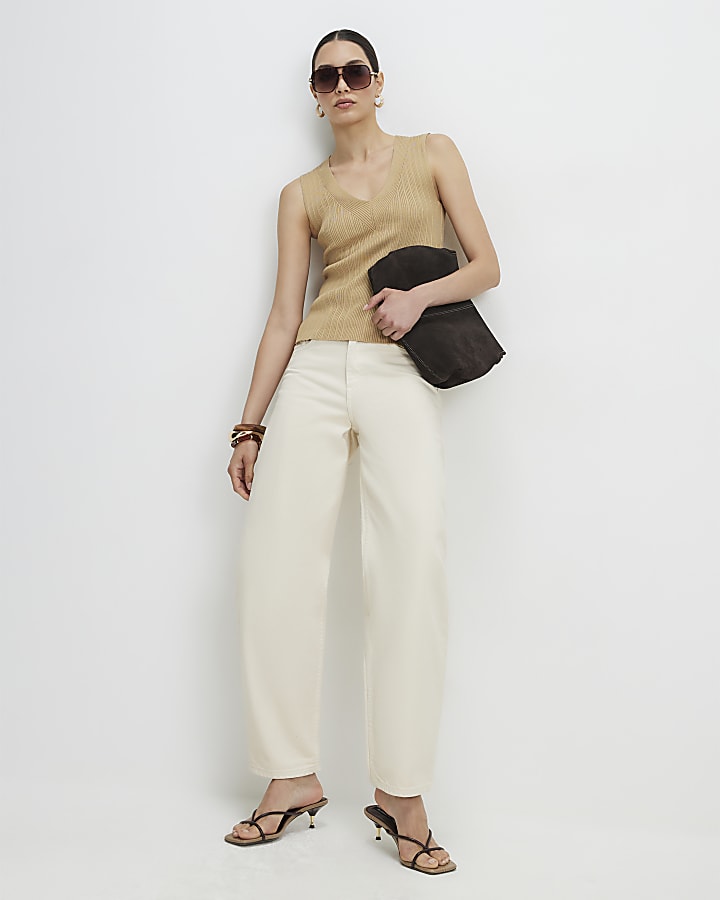 Beige V Neck Rib Knit Top
