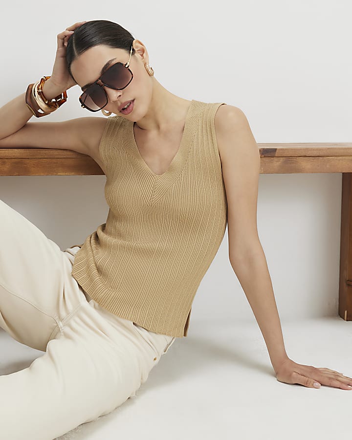 Beige V Neck Rib Knit Top
