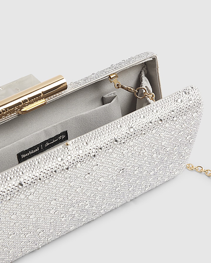 Silver Embellished Frame Clutch Bag