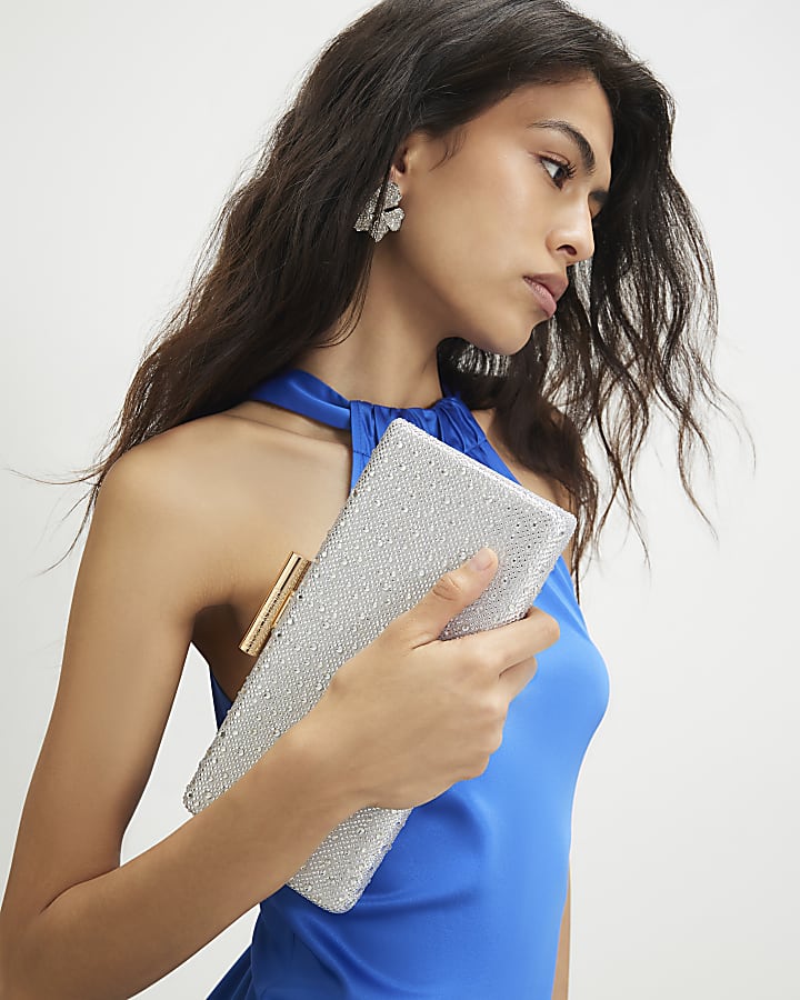 Silver Embellished Frame Clutch Bag