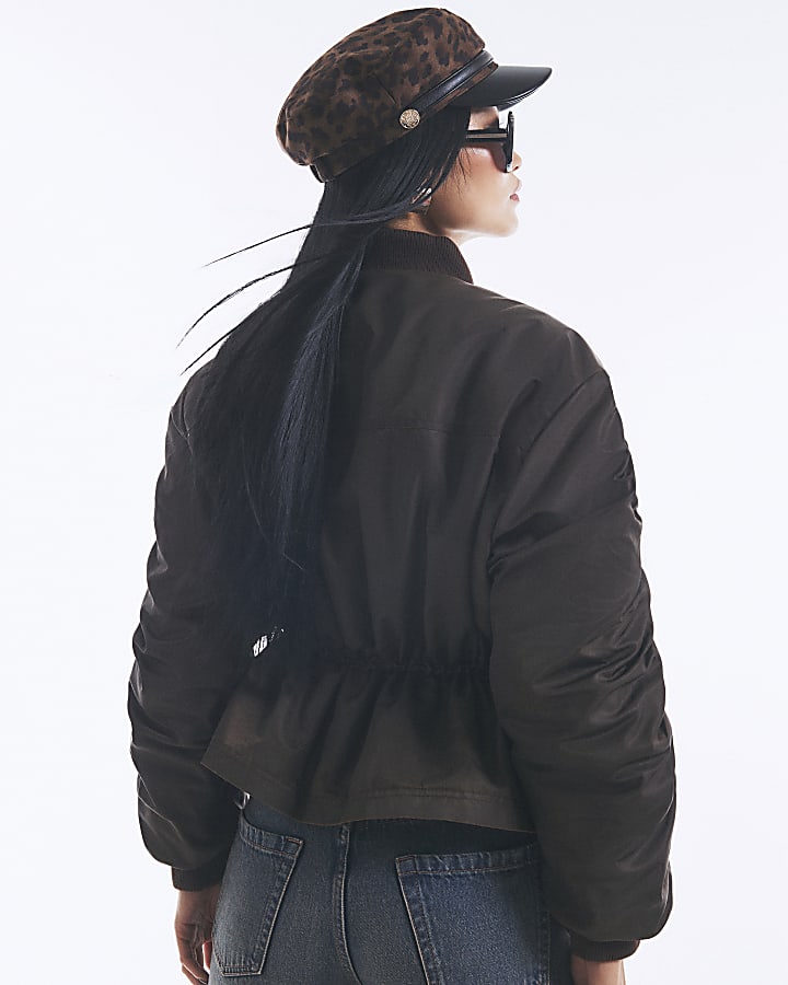 Brown Cinch Waist Bomber Jacket
