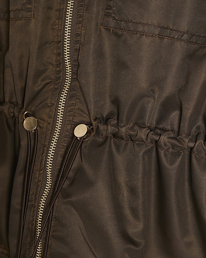 Brown Cinch Waist Bomber Jacket
