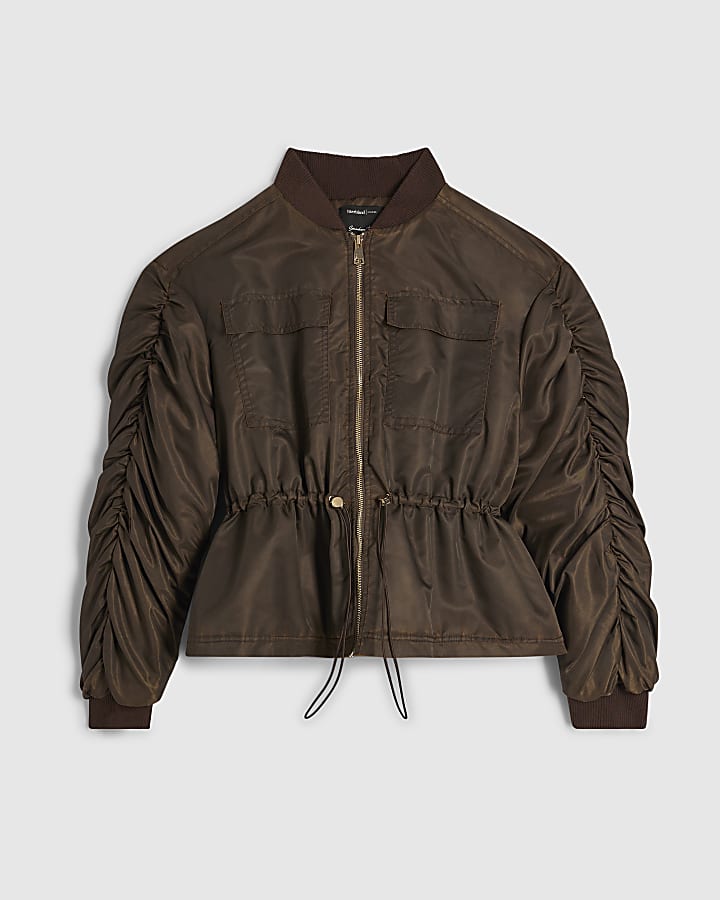Brown Cinch Waist Bomber Jacket