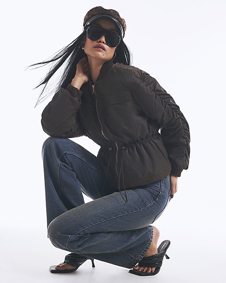 Brown Cinch Waist Bomber Jacket