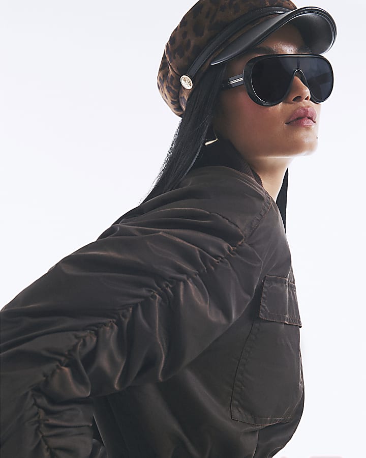 Brown Cinch Waist Bomber Jacket