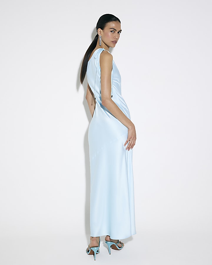 Blue Satin One Shoulder Maxi Dress