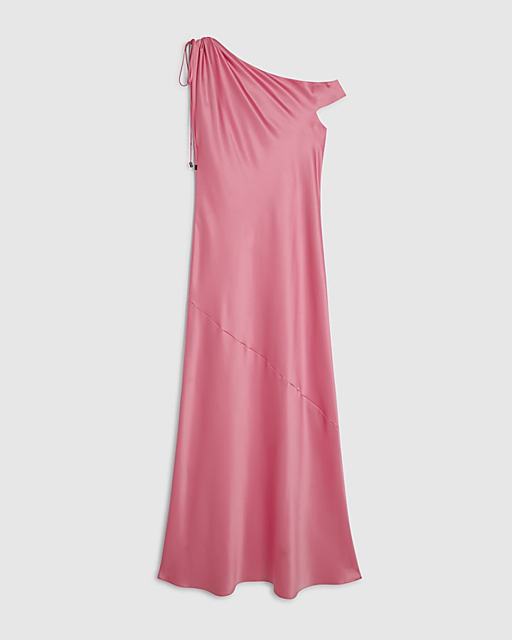 Pink Satin One Shoulder Maxi Dress