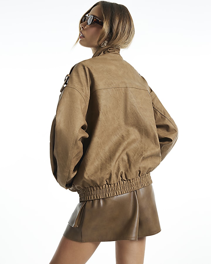 Brown Faux Leather Washed Funnel Neck Jacket