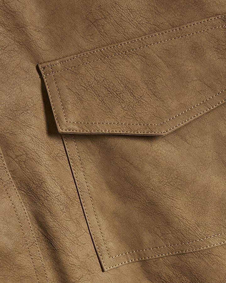 Brown Faux Leather Washed Funnel Neck Jacket