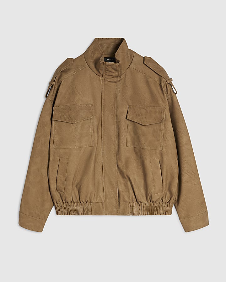 Brown Faux Leather Washed Funnel Neck Jacket