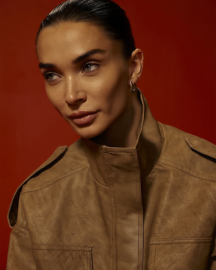 Brown Faux Leather Washed Funnel Neck Jacket