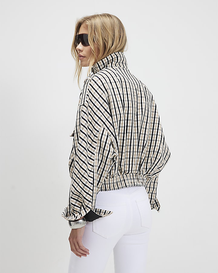 Cream Check Funnel Neck Bomber Jacket