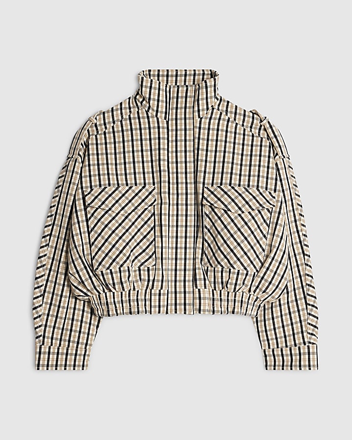 Cream Check Funnel Neck Bomber Jacket