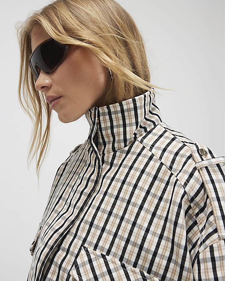 Cream Check Funnel Neck Bomber Jacket