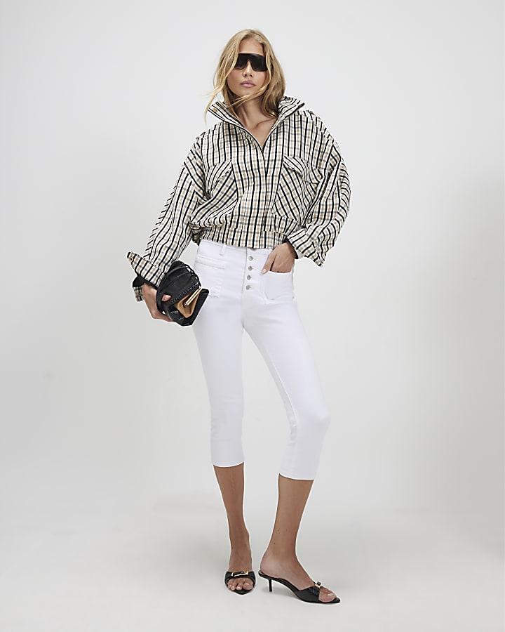 Cream Check Funnel Neck Bomber Jacket