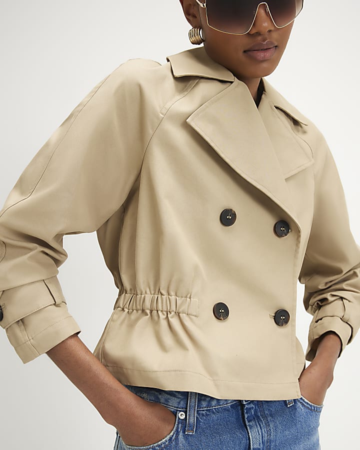 Beige Waisted Cropped Trench Coat
