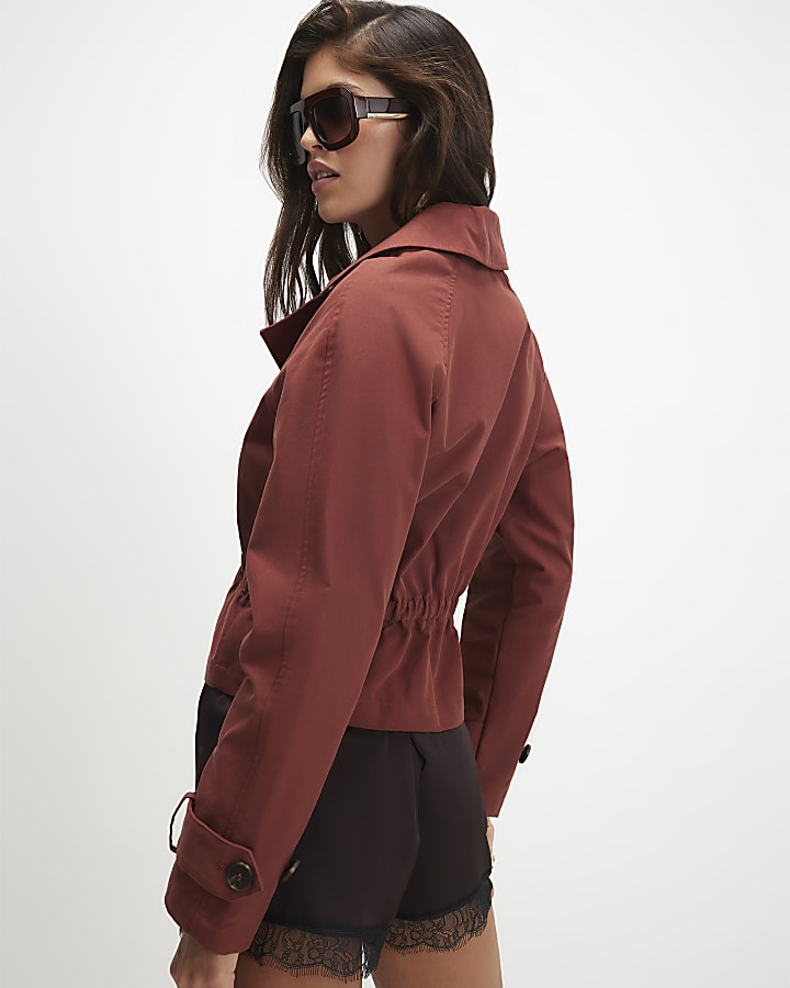 Red Casual Waisted Crop Trench Jacket