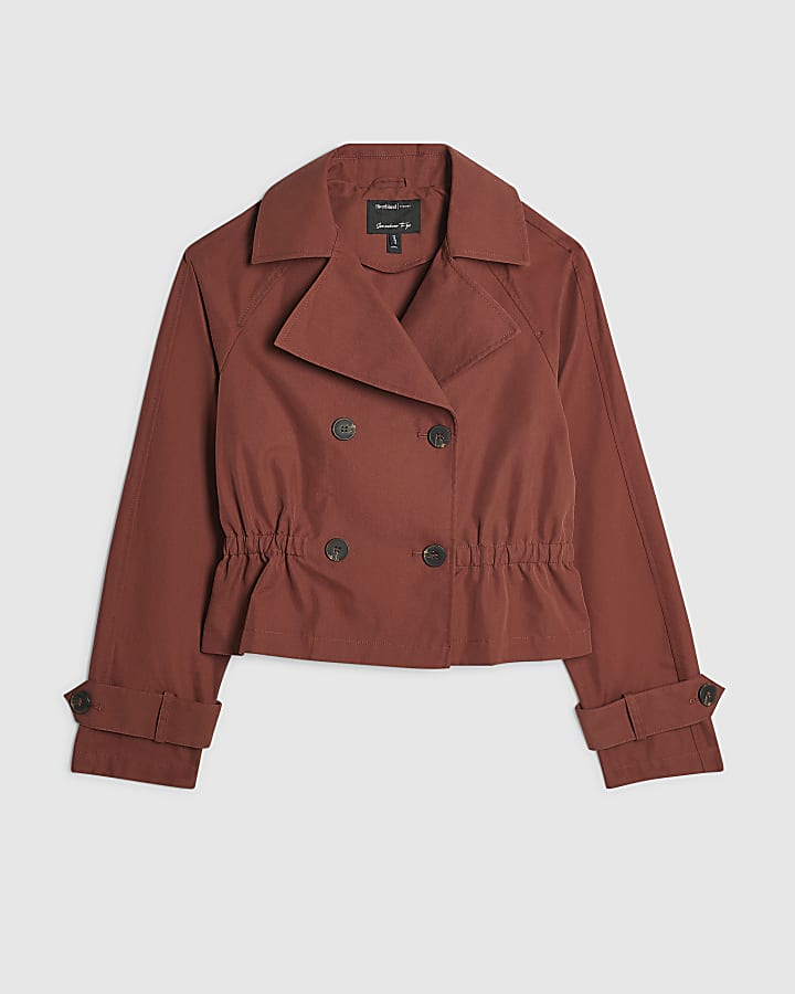 Red Casual Waisted Crop Trench Jacket