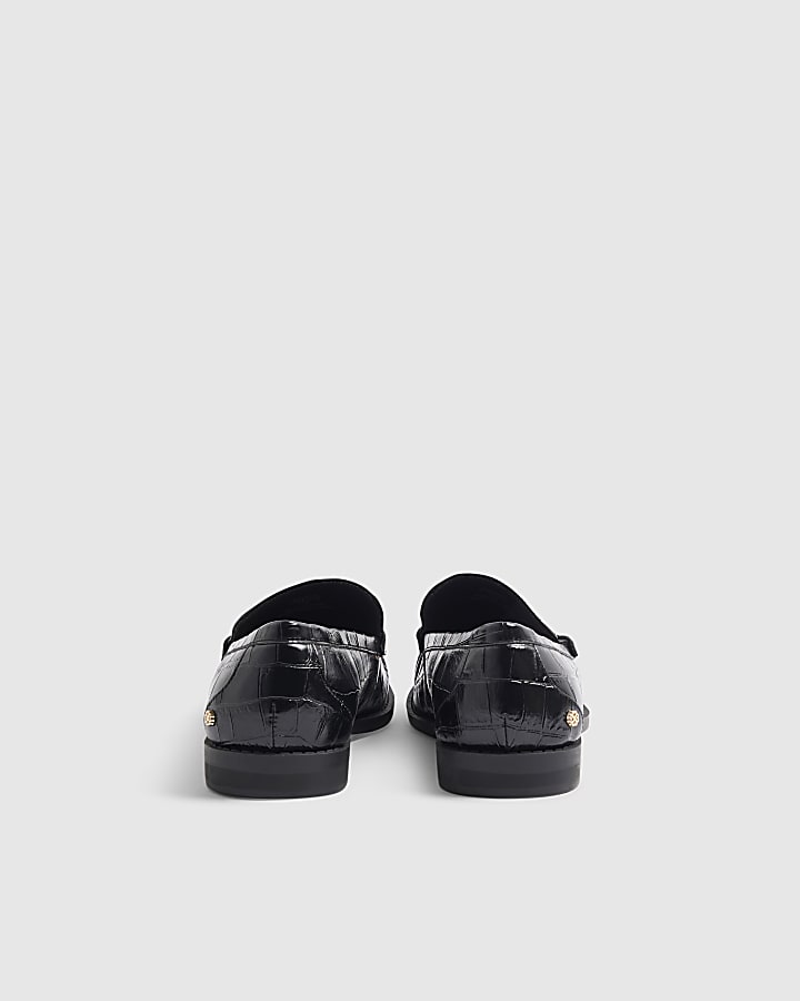 Black Croc Print Gold Chain Loafers