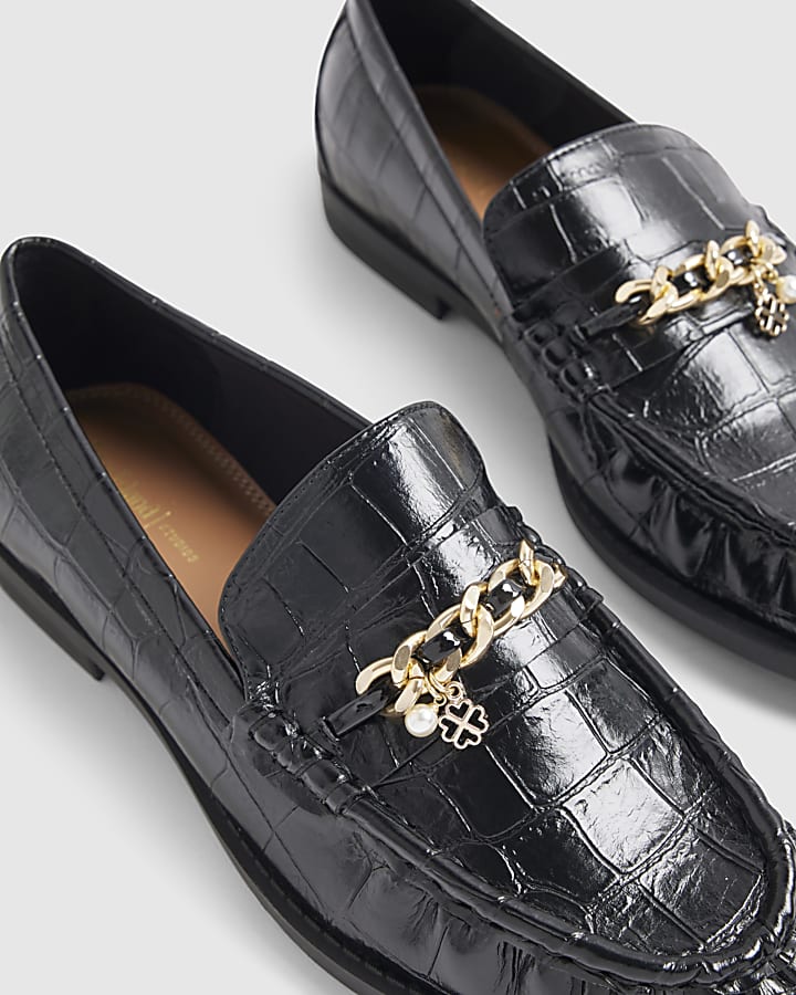 Black Croc Print Gold Chain Loafers