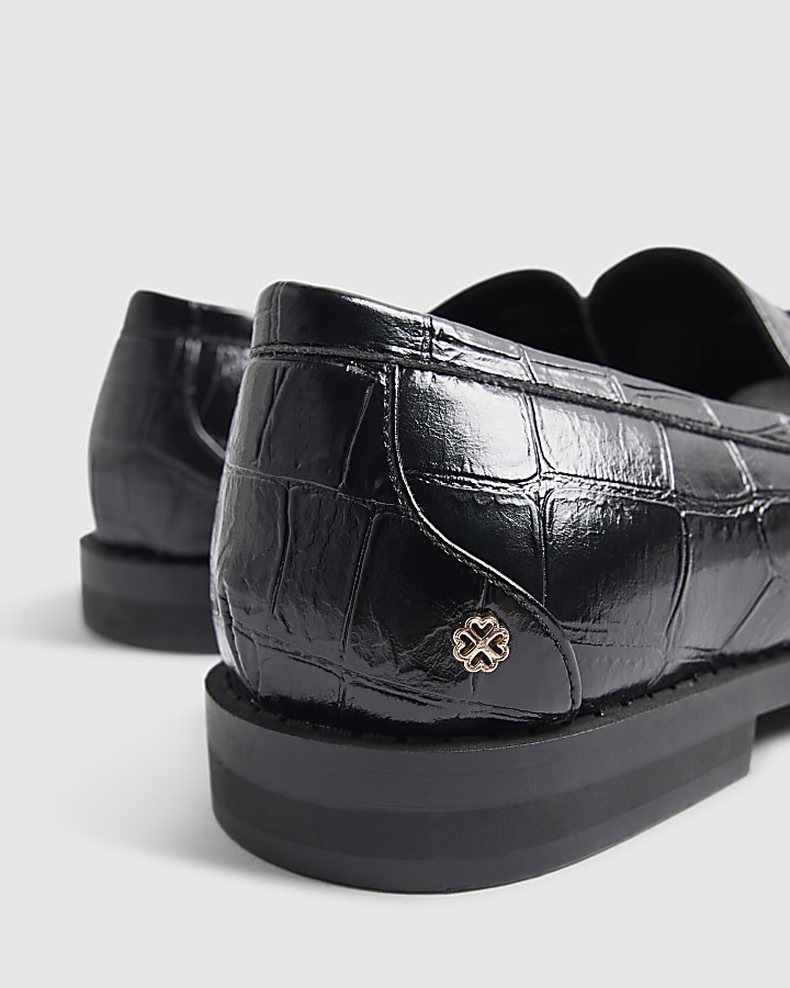 Black Croc Print Gold Chain Loafers