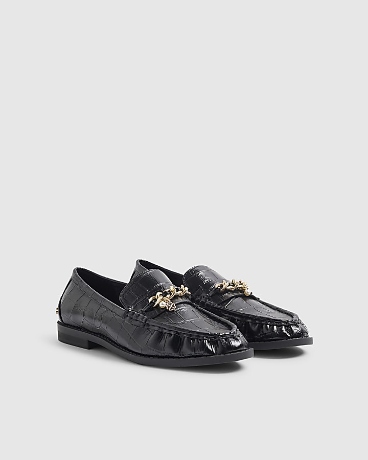 Black Croc Print Gold Chain Loafers