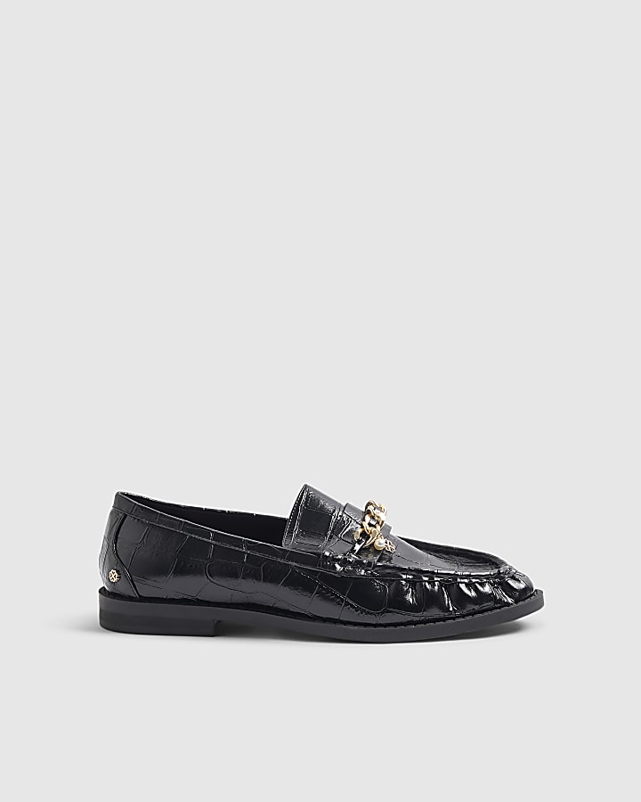 Black Croc Print Gold Chain Loafers