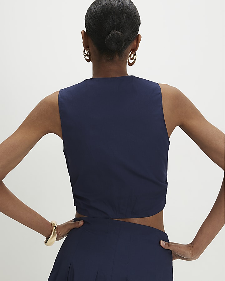 Navy Poplin Ruched Waistcoat