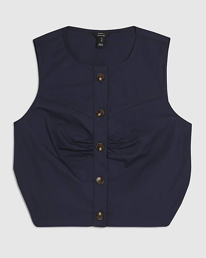 Navy Poplin Ruched Waistcoat