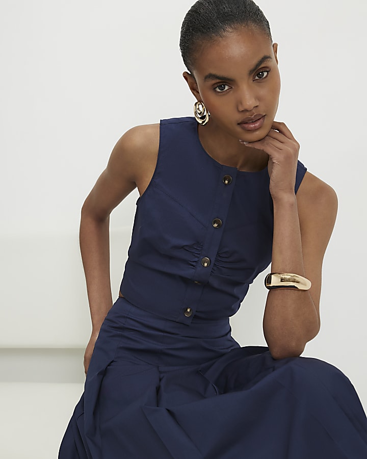 Navy Poplin Ruched Waistcoat