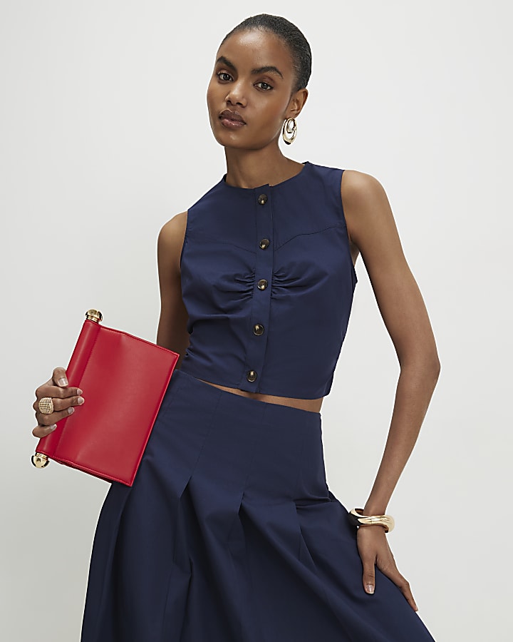 Navy Poplin Ruched Waistcoat