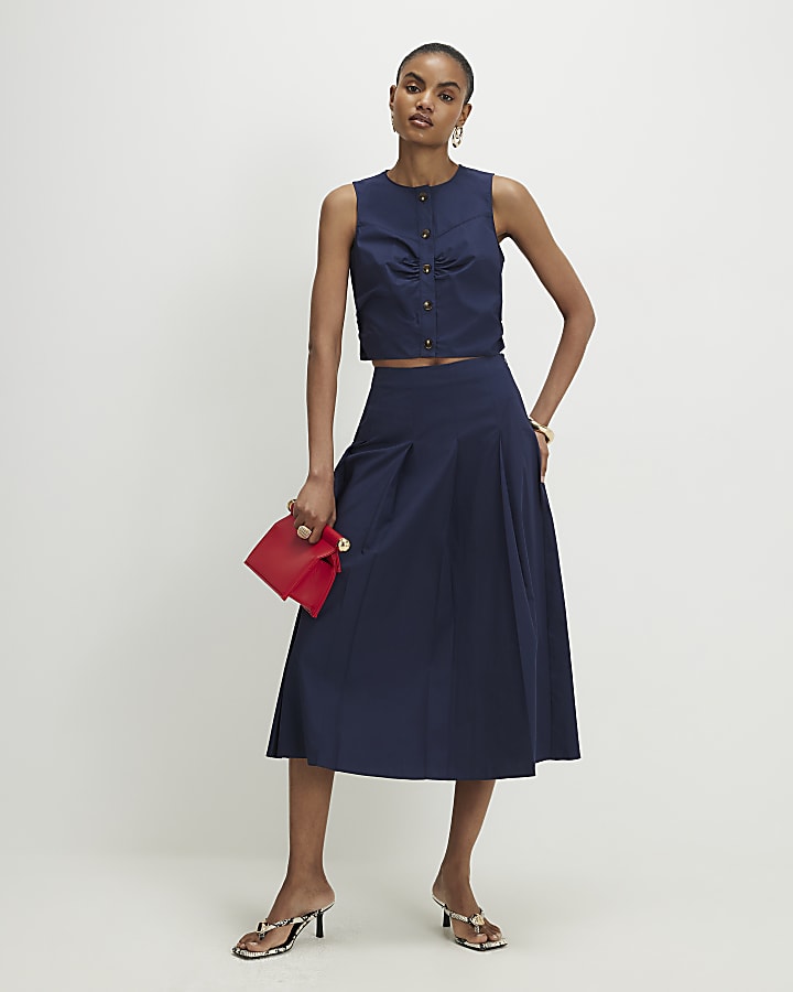 Navy Poplin Ruched Waistcoat