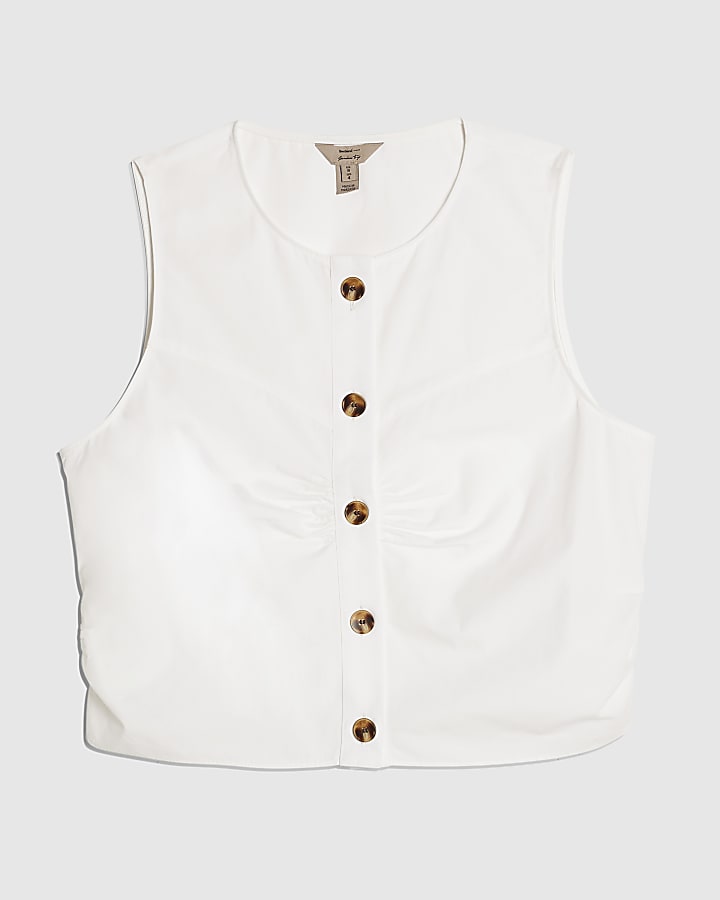 White Cotton Poplin Sleeveless Waistcoat Top
