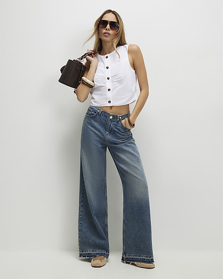 White Cotton Poplin Sleeveless Waistcoat Top