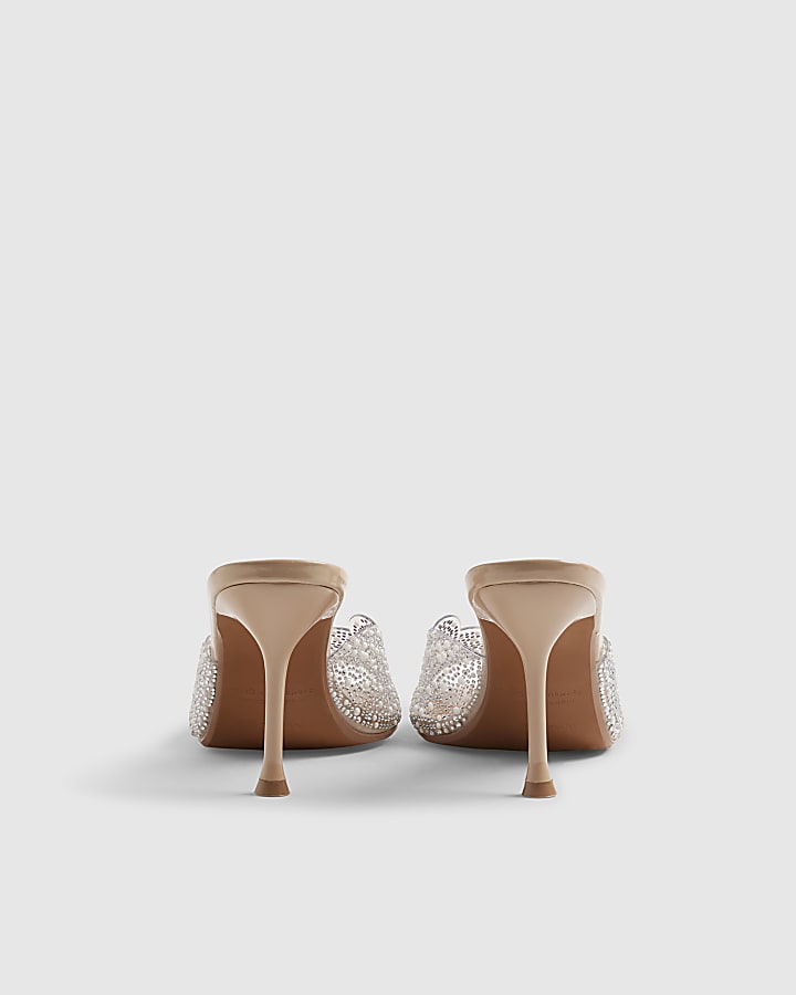 Beige Embellished Peep Toe Heeled Sandals