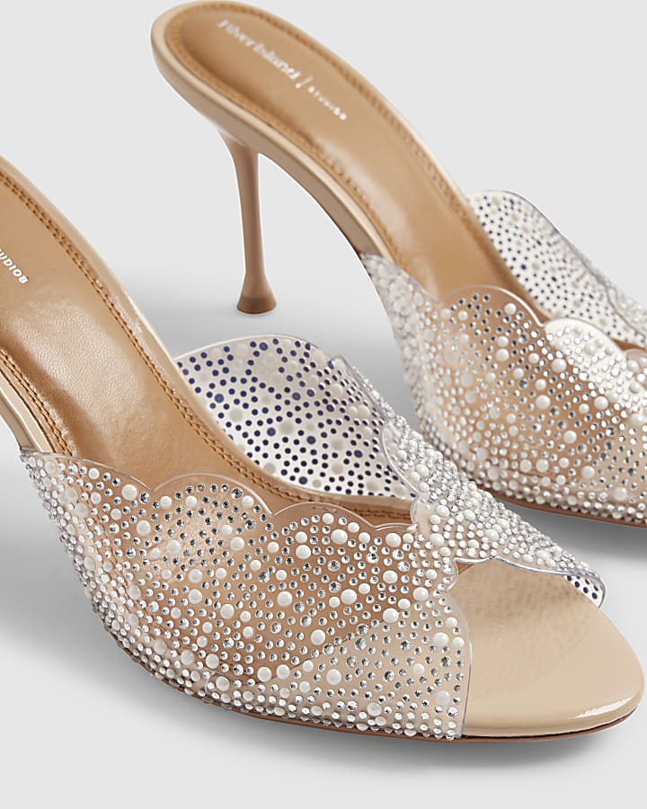 Beige Embellished Peep Toe Heeled Sandals