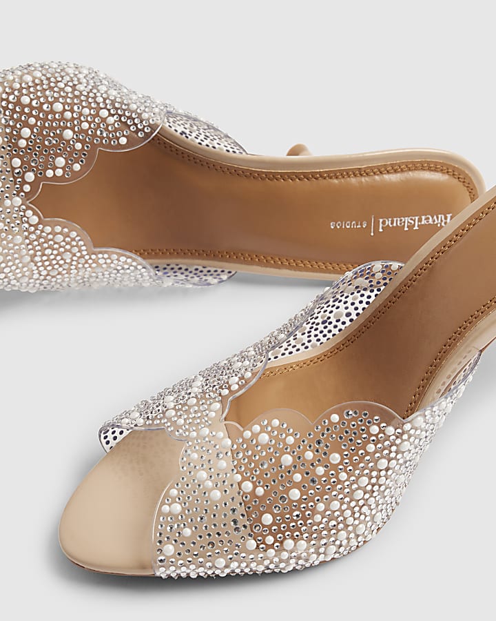 Beige Embellished Peep Toe Heeled Sandals