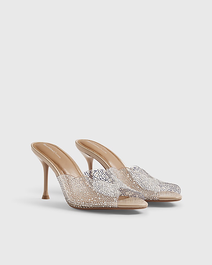 Beige Embellished Peep Toe Heeled Sandals