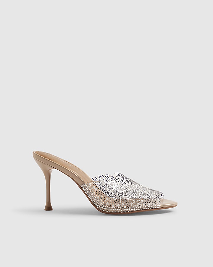 Beige Embellished Peep Toe Heeled Sandals