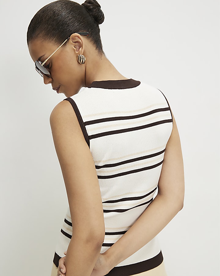 Cream Knit Asymmetric Stripe Button Vest