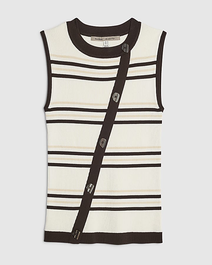 Cream Knit Asymmetric Stripe Button Vest