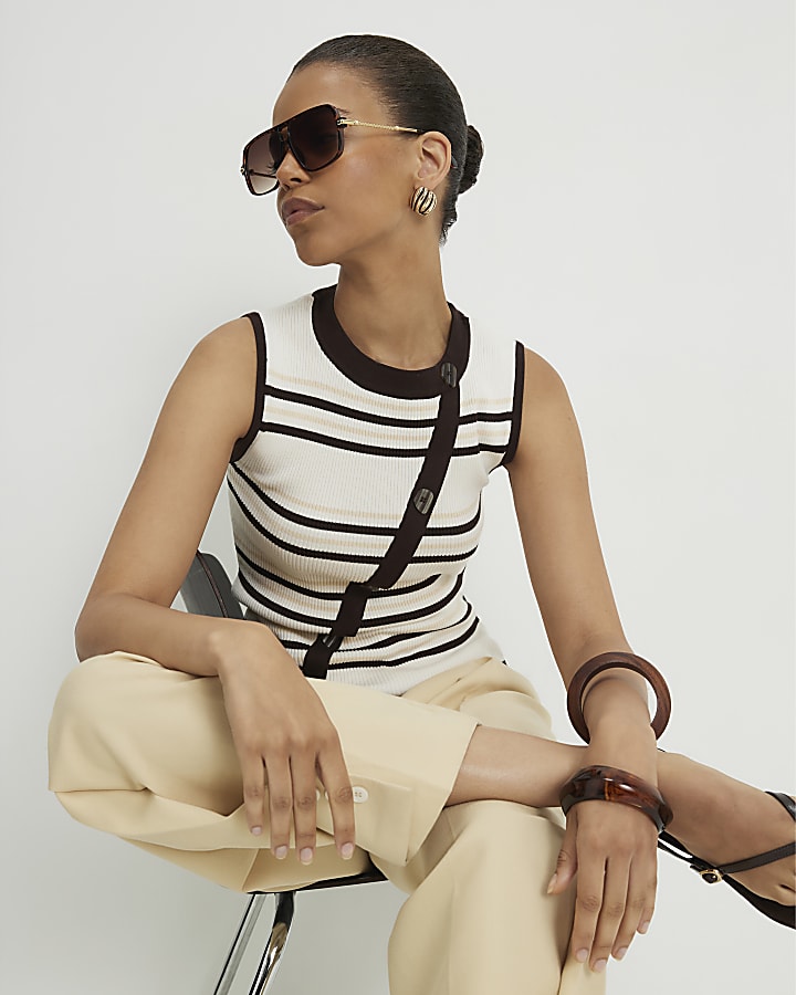 Cream Knit Asymmetric Stripe Button Vest