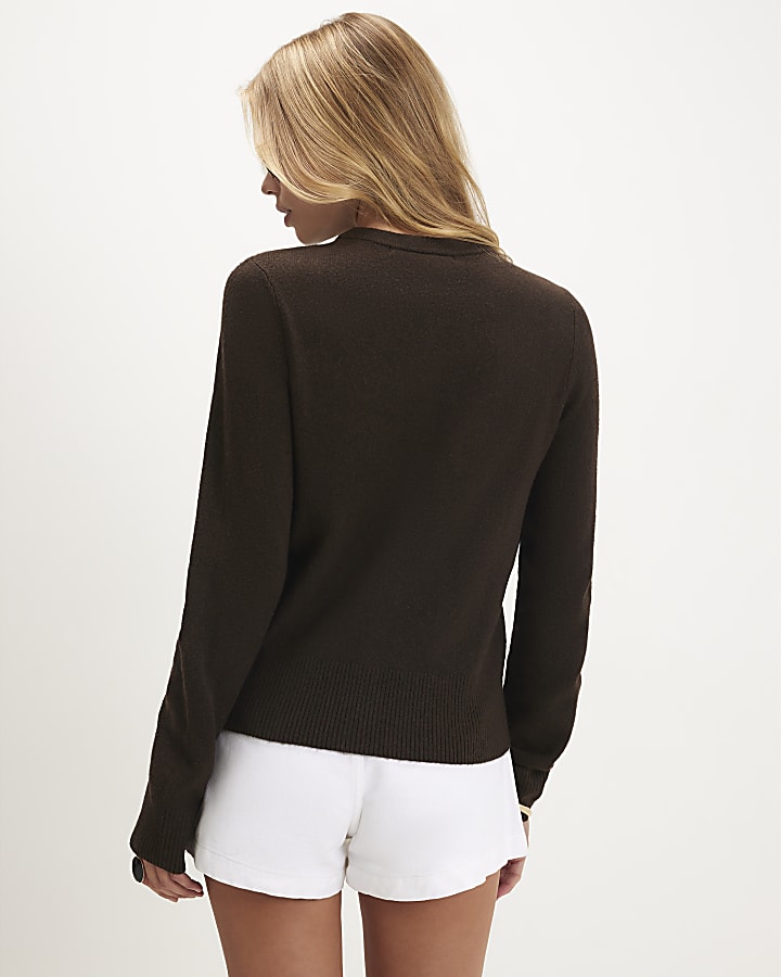 Brown Frill Trim Button Up Cardigan
