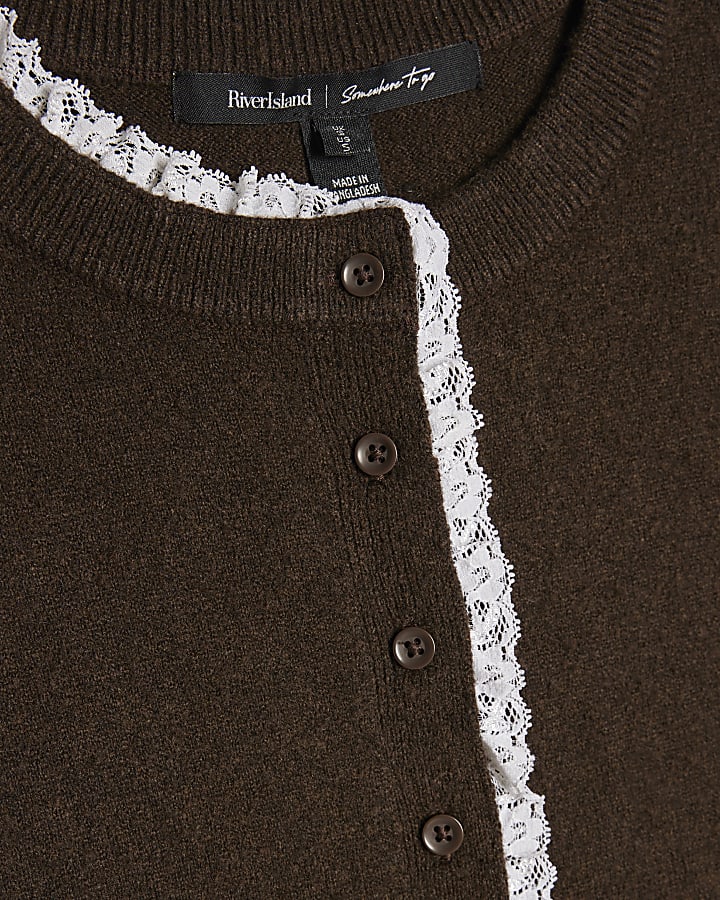 Brown Frill Trim Button Up Cardigan